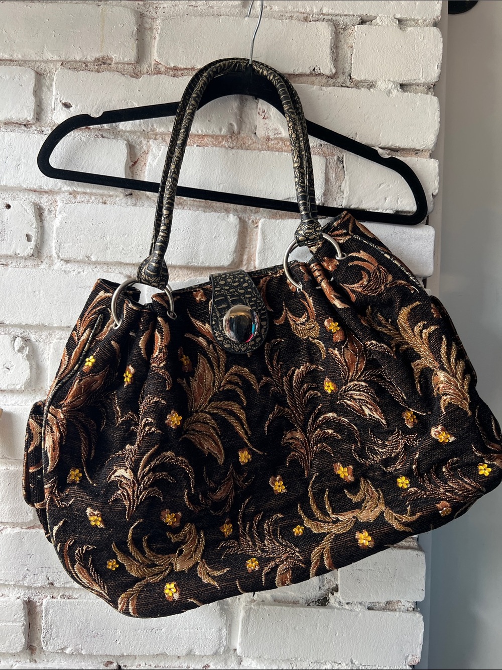 Elegant Brown Floral Jacquard Tote Bag grandma vibes vintage bag